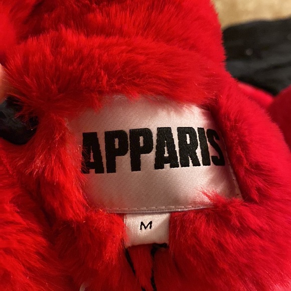 Apparis - scarlet red luxurious, faux fur coat with notched collar and pockets - Picture 13 of 16